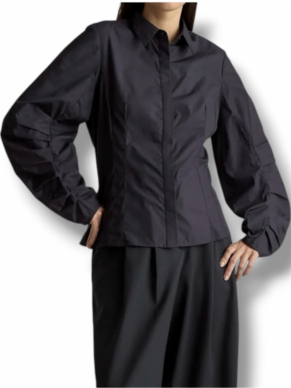 Quince 100% Organic Cotton Poplin Balloon Sleeve Shirt Black Size Medium